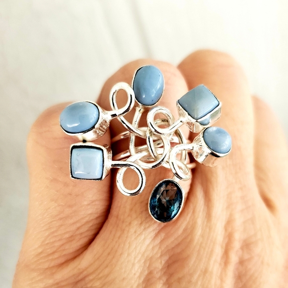 New Twisted Owyhee Opal & Blue Topaz Silver Ring. - Picture 7 of 8